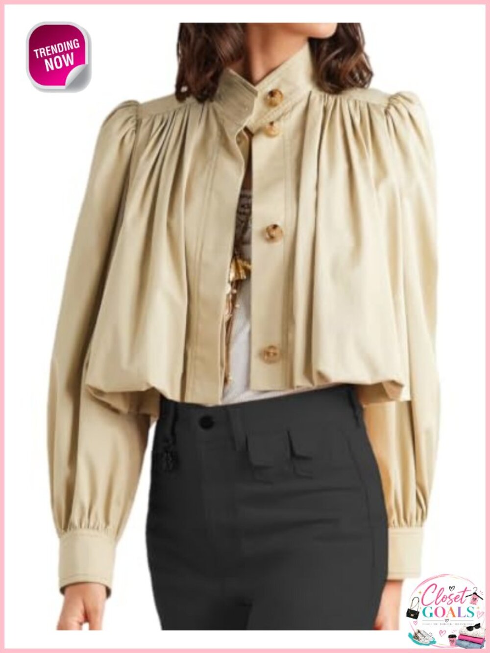 Womens Cropped Pleated Trench Coat Button Down Long Sleeve Casual Outwear